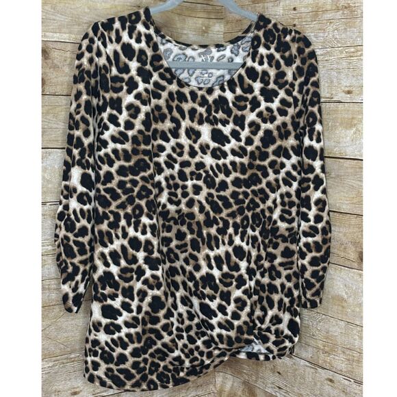 NEW YORK & CO SCOOP NECK ANIMAL LEOPARD PRINT CAREER CASUAL SWEATER SIZE LARGE - Picture 1 of 2